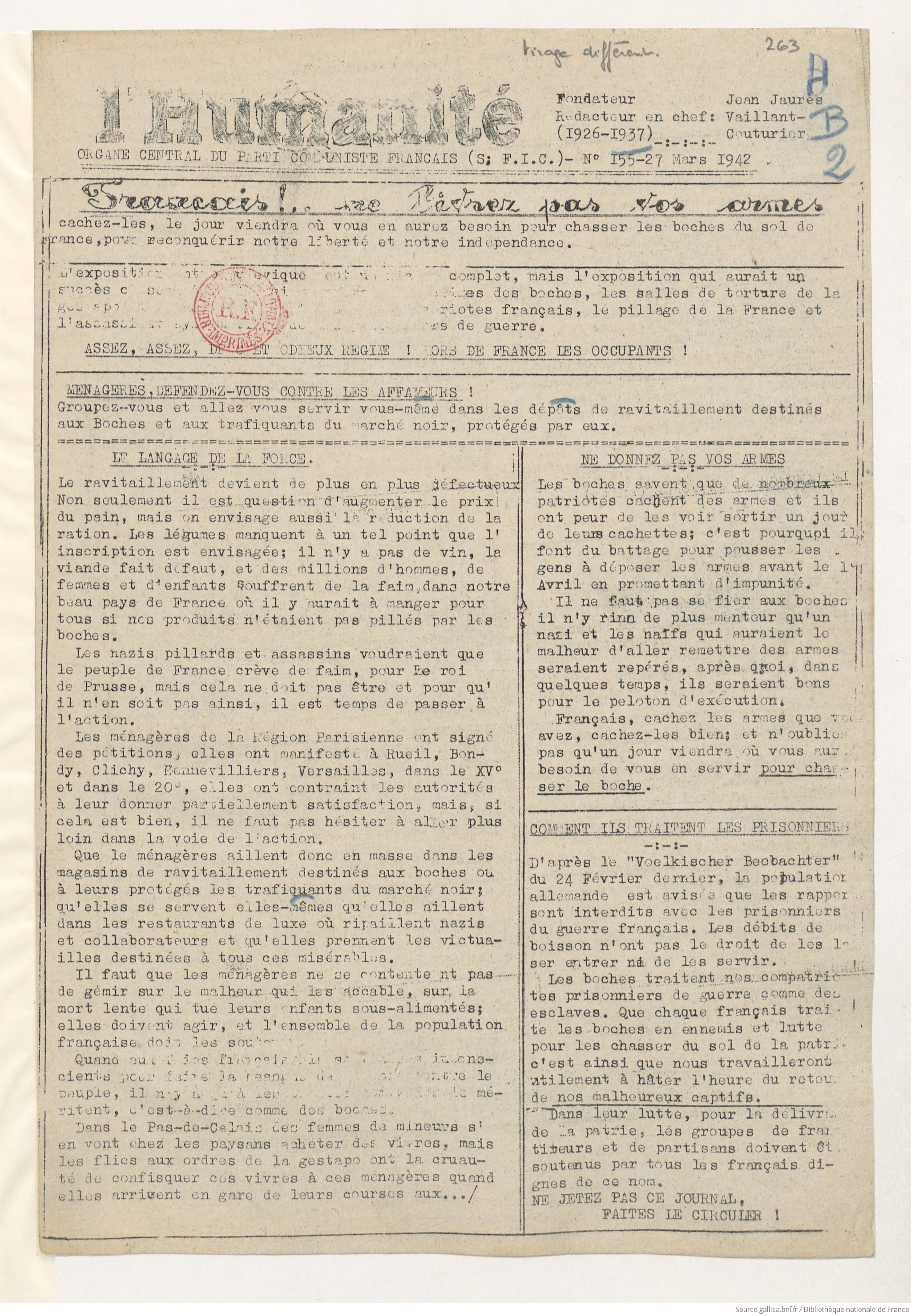 Numéro clandestin de L’Humanité daté du 27 mars 1942.