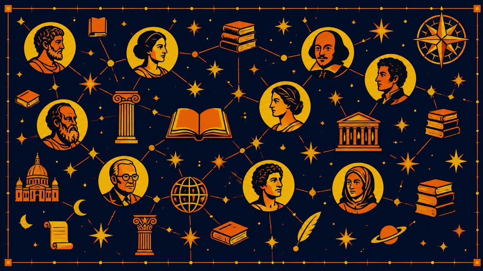 Une carte céleste où auteurs, livres et colonnes forment des constellations reliées par des lignes orange.