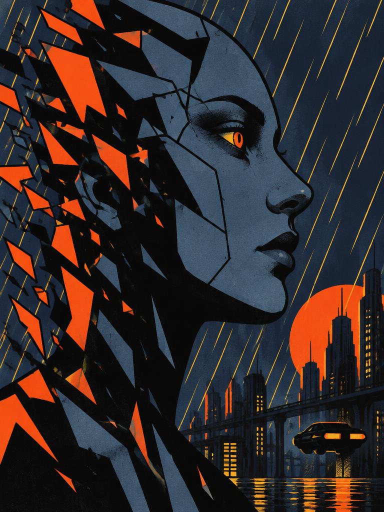 Affiche stylisée de Blade Runner : un visage de réplicant se fragmente sous une pluie jaune, au-dessus d'une ville bleu nuit.