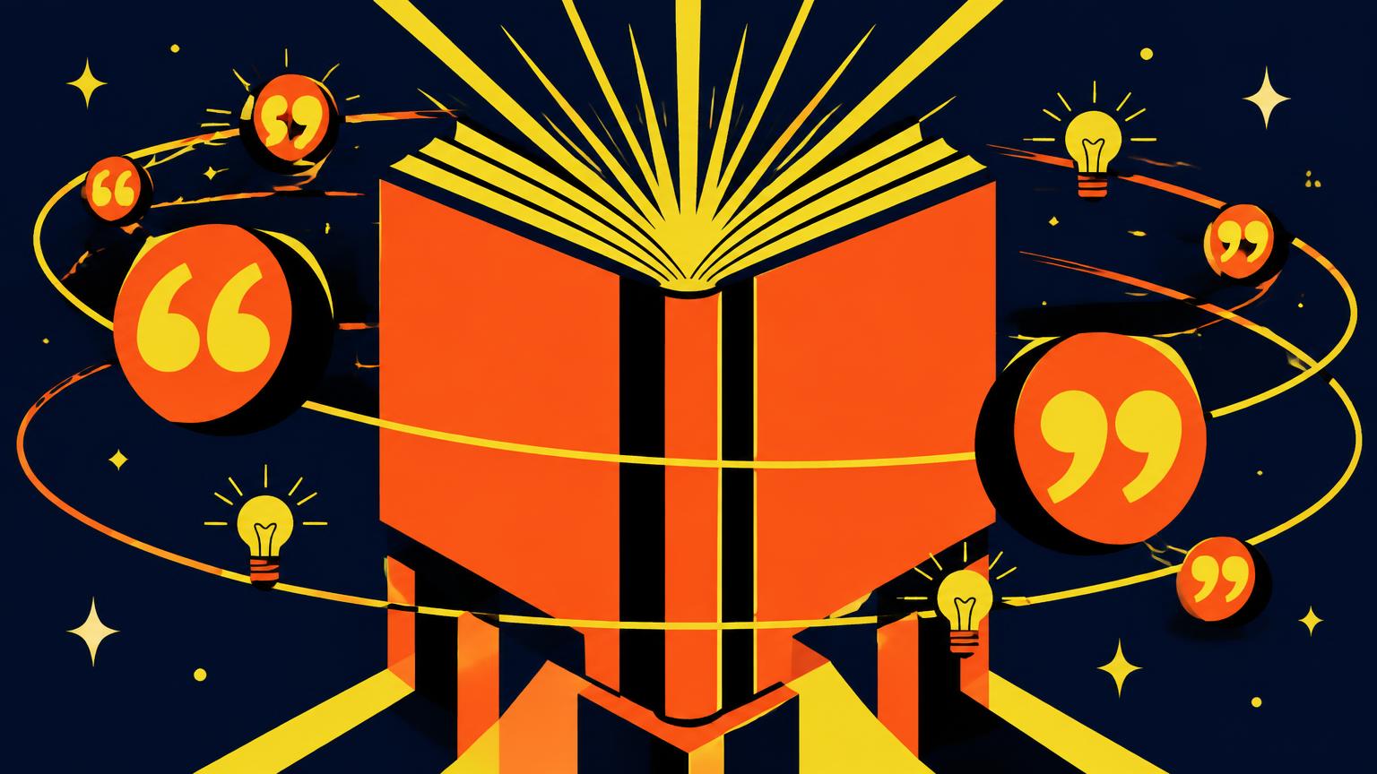 Un livre ouvert monumental dont s'échappent des guillemets en orbite comme des planètes et des ampoules.