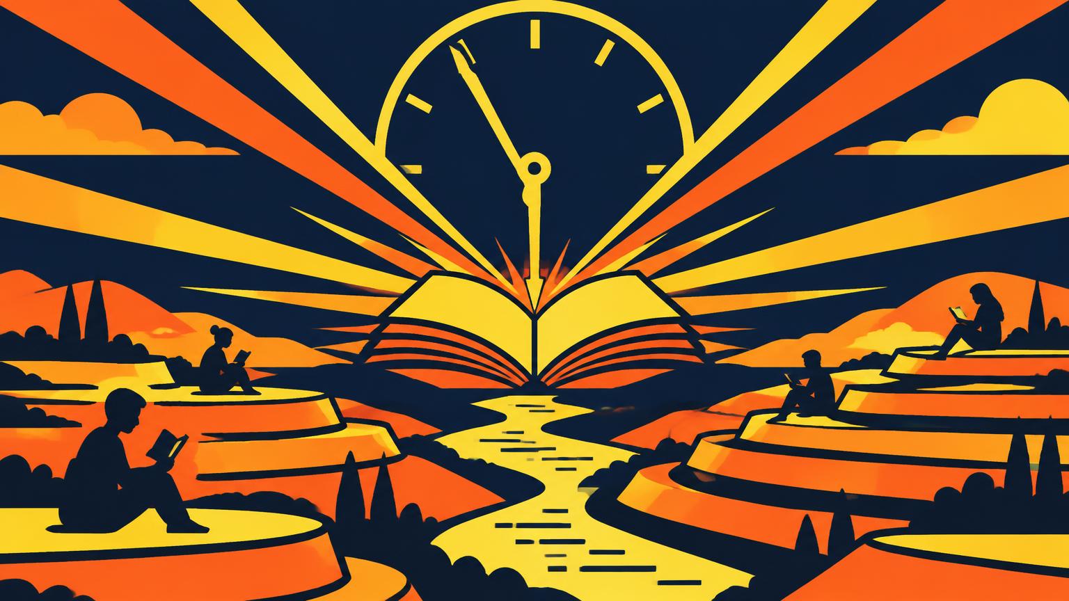 Un lever de soleil où le soleil est un livre ouvert, avec une horloge géante dans le ciel et des lecteurs assis sur les collines.