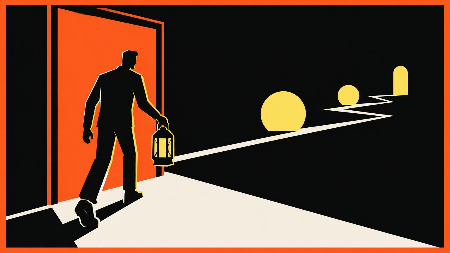 Illustration : une silhouette franchit une porte orange, lanterne jaune à la main, sur un chemin clair qui s’éloigne dans le noir.