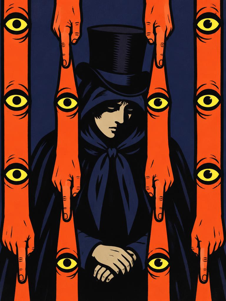 Affiche stylisée d'Elephant Man : une figure encapuchonnée au chapeau haut-de-forme, entourée de doigts pointés et d'yeux qui la dévisagent.