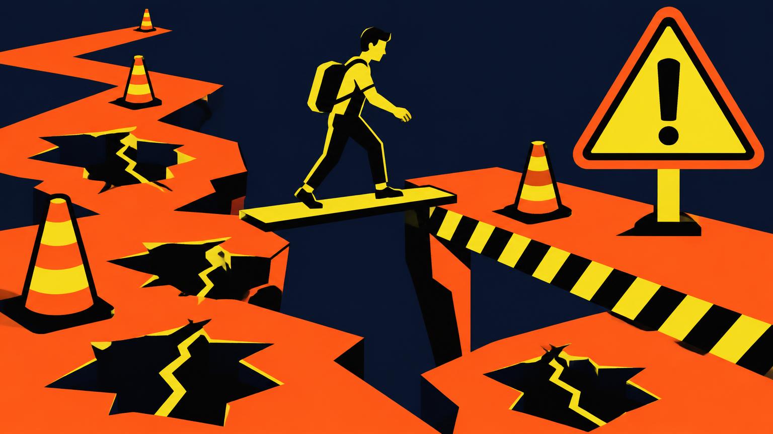 Un chemin de chantier troué de fissures, un marcheur prudent passant sur une planche entre des cônes de signalisation.