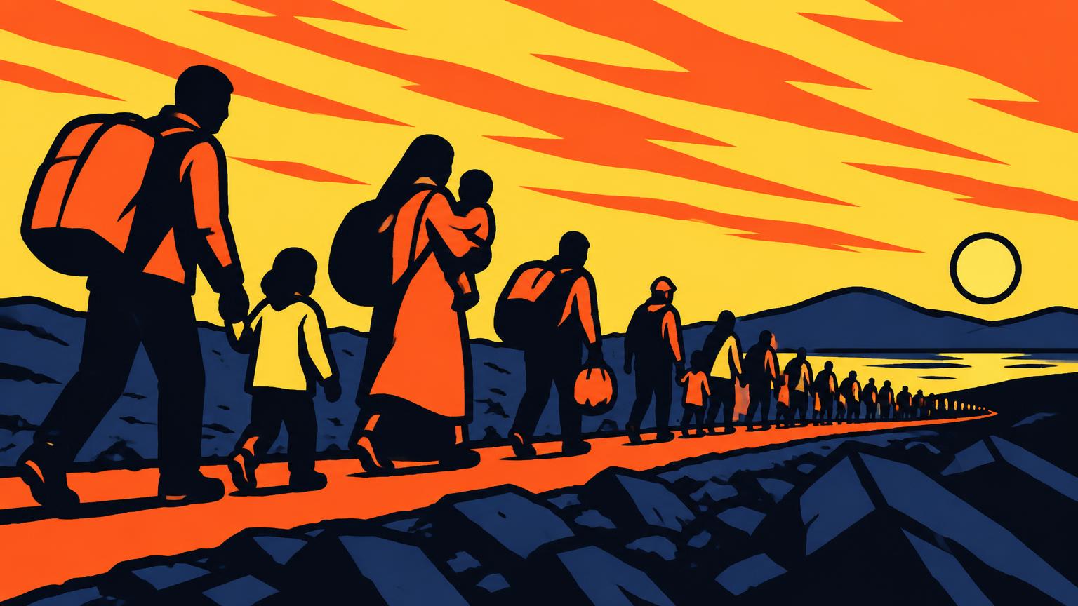 Illustration : longue file de silhouettes portant sacs et enfants sur un chemin, sous un ciel strié.