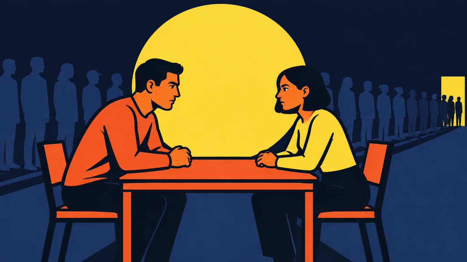 Illustration : deux personnes assises face à face de part et d’autre d’une table vide, file d’attente au fond.
