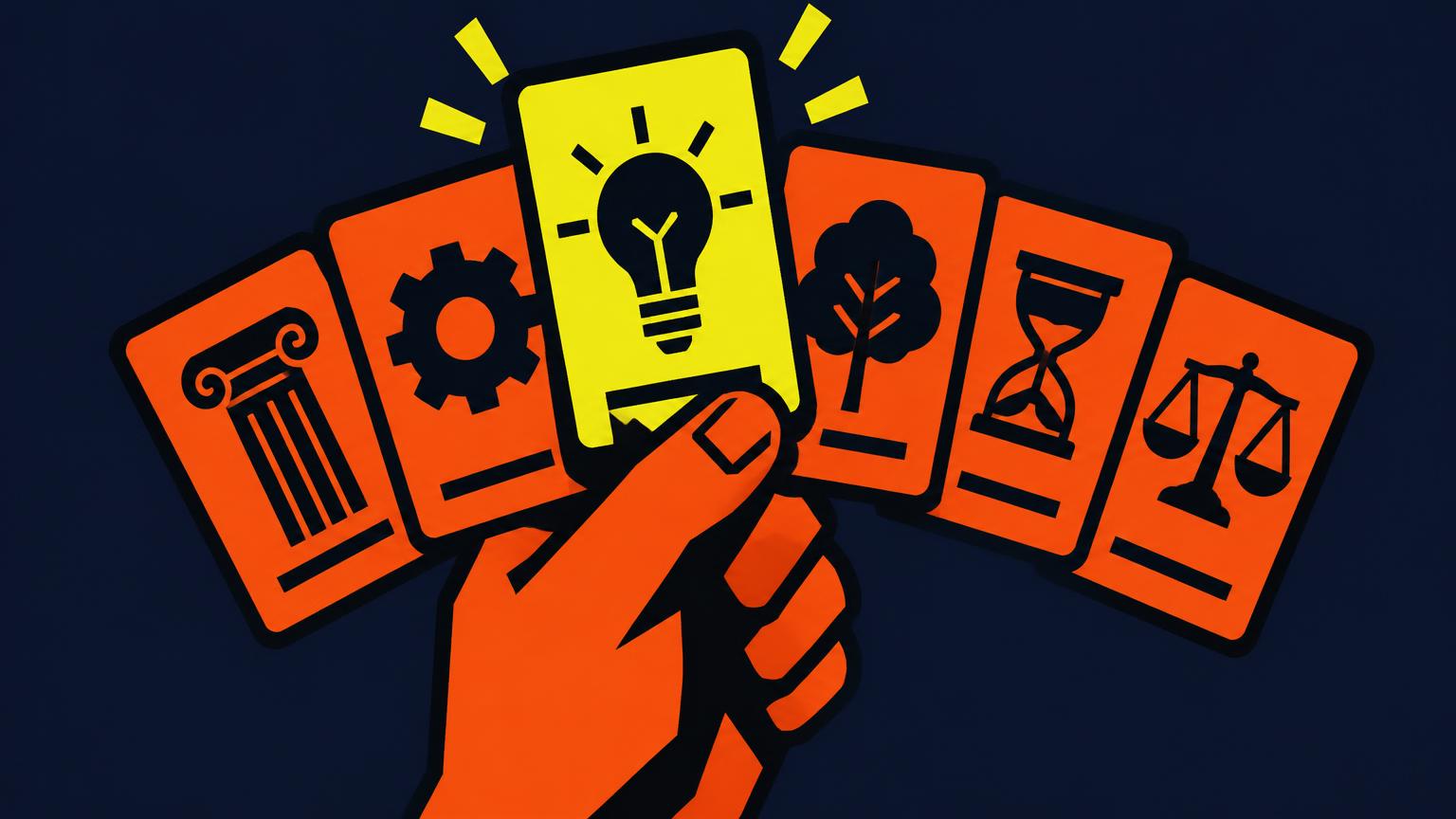 Un éventail de fiches de révision tenues comme une main de cartes, chaque fiche portant un symbole — colonne, engrenage, arbre, sablier, balance.