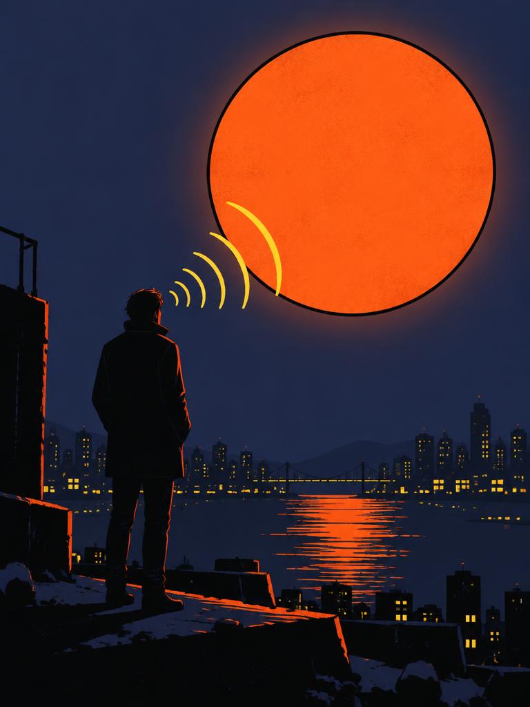 Affiche stylisée de Her : un homme seul face à un grand soleil orange qui lui parle en ondes jaunes, au-dessus d'une ville la nuit.
