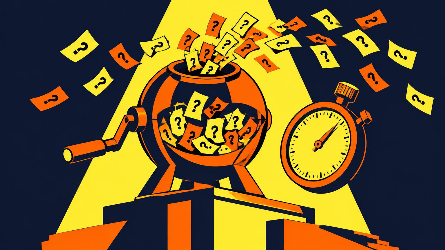 Une urne de tirage au sort géante d'où s'échappent des sujets d'oral en papier, avec un chronomètre à côté.