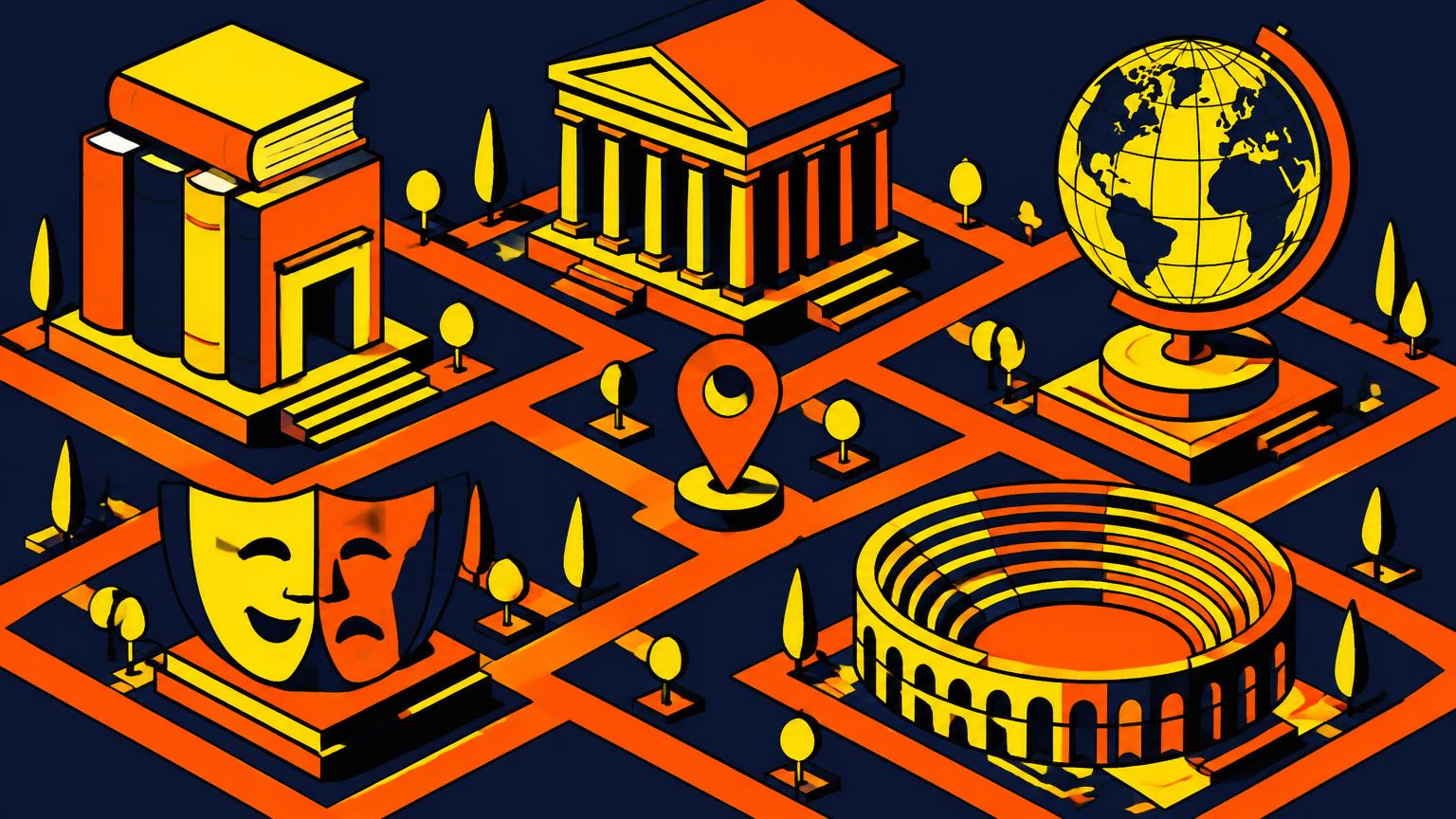 Une ville isométrique de la culture générale : temple de colonnes, globes, masques de théâtre et arène reliés par des rues orange.