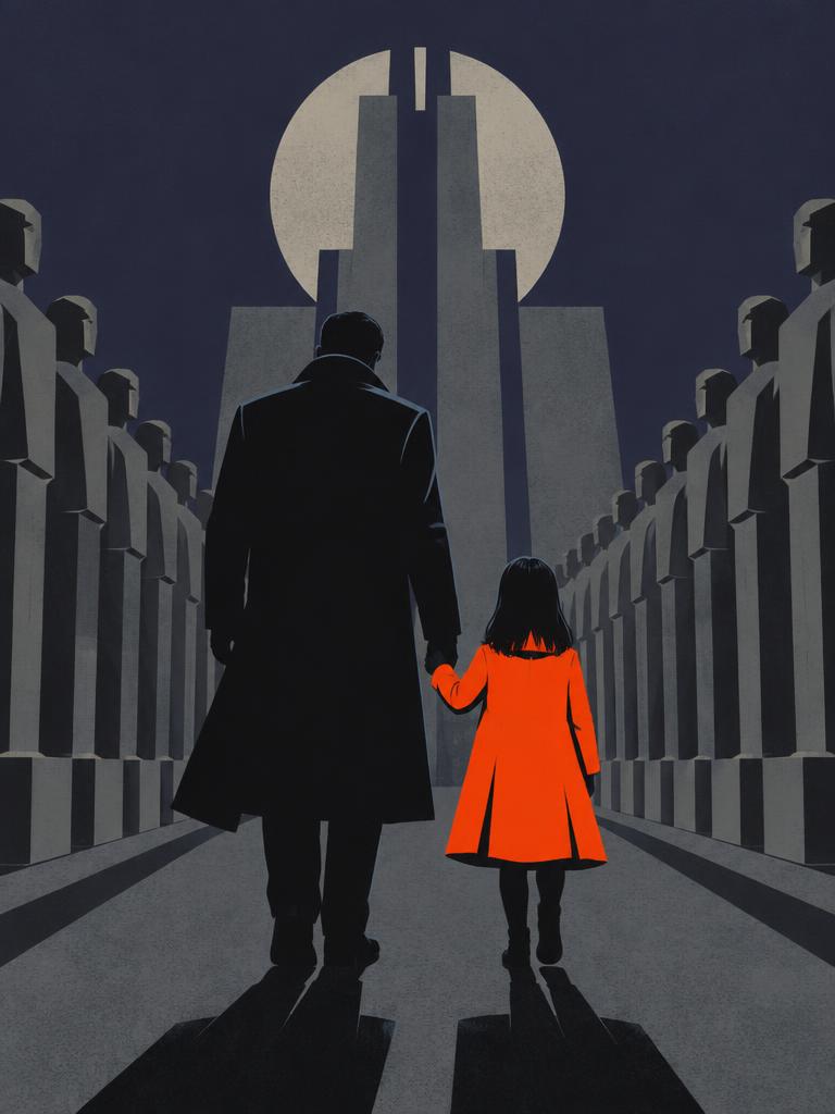 Affiche stylisée de La Liste de Schindler : un homme tient la main d'une petite fille au manteau orange, seule couleur vive d'une foule grise.