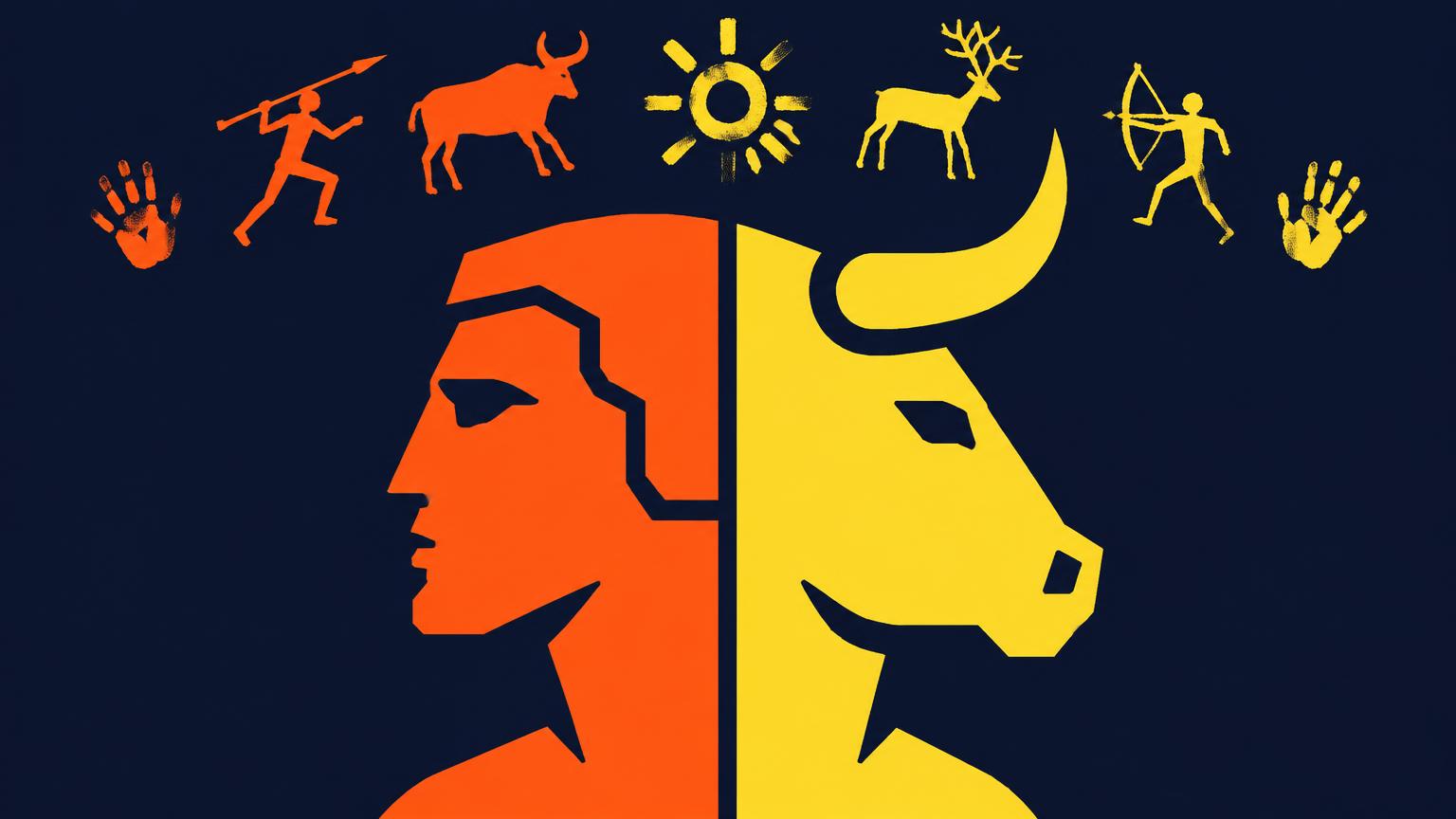 Un profil humain orange et un profil de taureau jaune, dos à dos, surmontés de silhouettes de peintures préhistoriques.