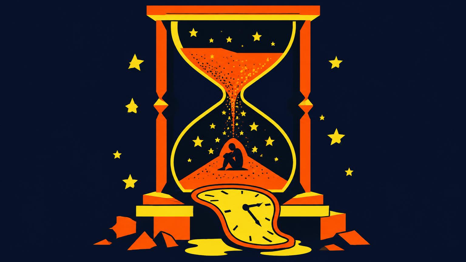 Un sablier géant dont le sable dessine une silhouette humaine accroupie, une horloge fondue à sa base.