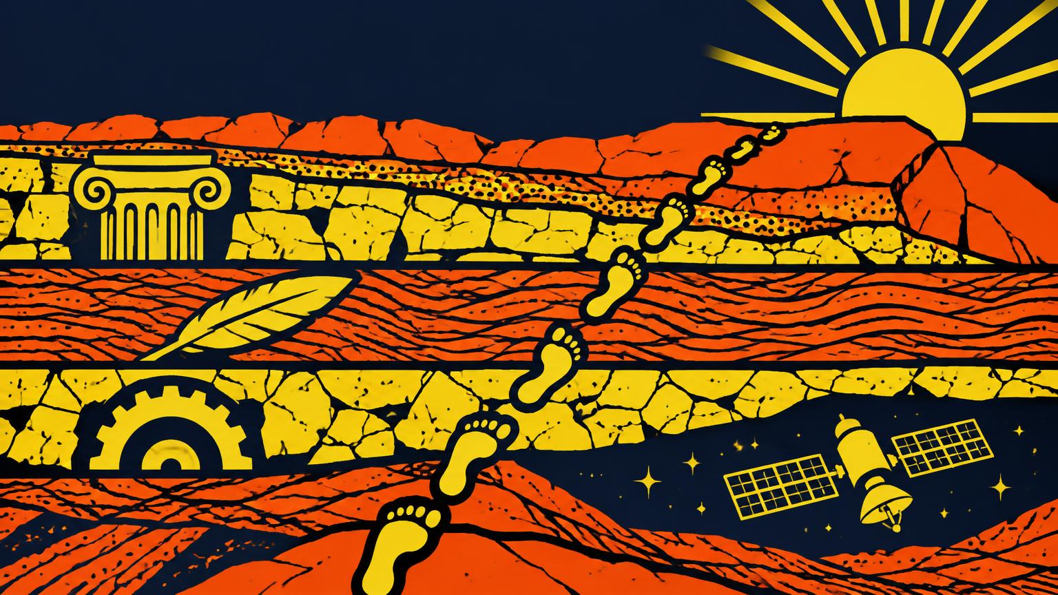 Une coupe de strates historiques — colonne, plume, engrenage, satellite — gravie par des empreintes de pas vers un soleil.
