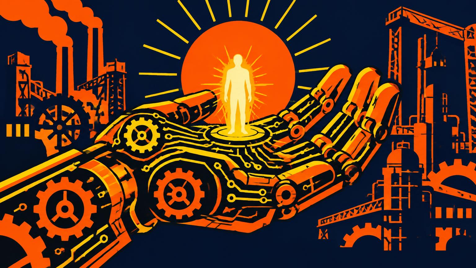 Une main mécanique d'engrenages et de circuits qui tient une silhouette humaine lumineuse à ciel ouvert.