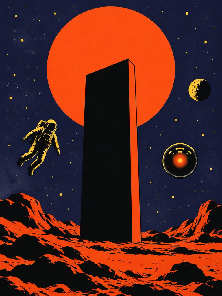 Affiche stylisée de 2001 : L'Odyssée de l'espace : un monolithe noir devant un soleil orange, un astronaute flottant et l'œil rouge de HAL.