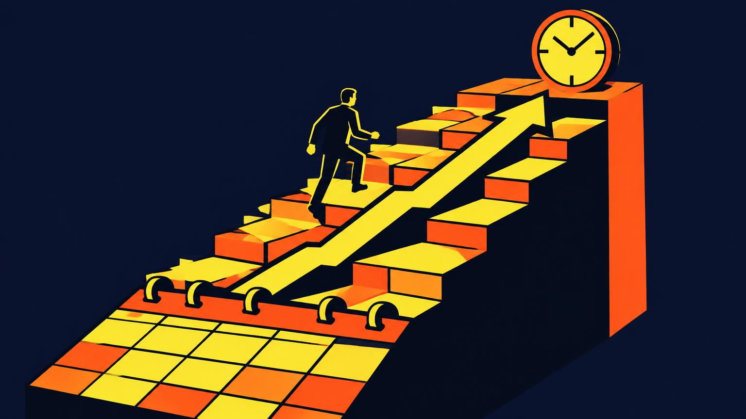 Un calendrier en escalier montant vers une horloge, un marcheur gravissant les marches colorées.