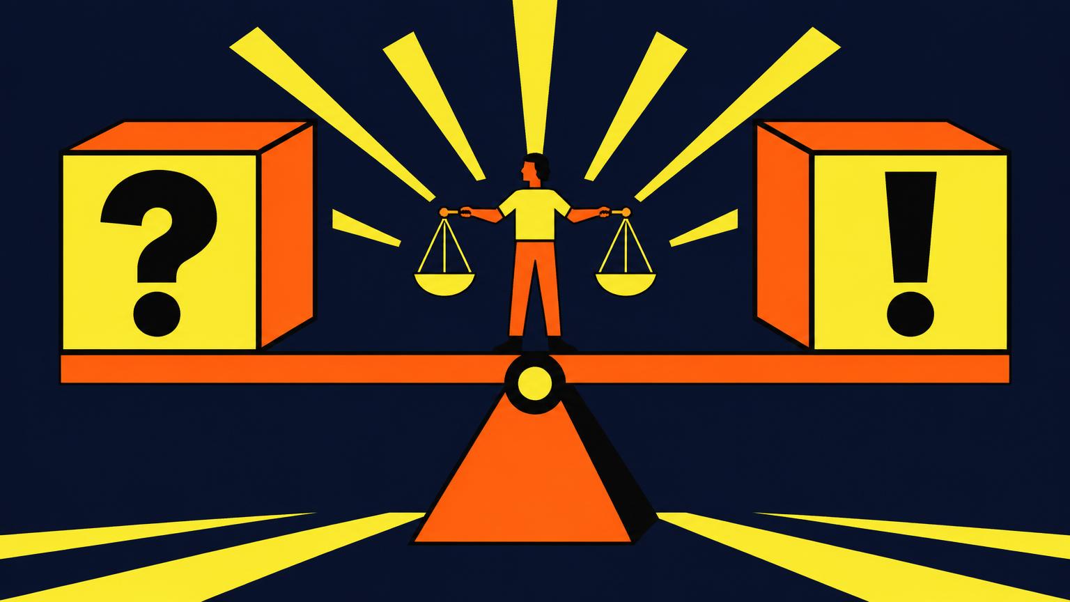 Une balançoire en équilibre parfait portant deux cubes — l'un frappé d'un point d'interrogation, l'autre d'un point d'exclamation — une figure de juste au centre.