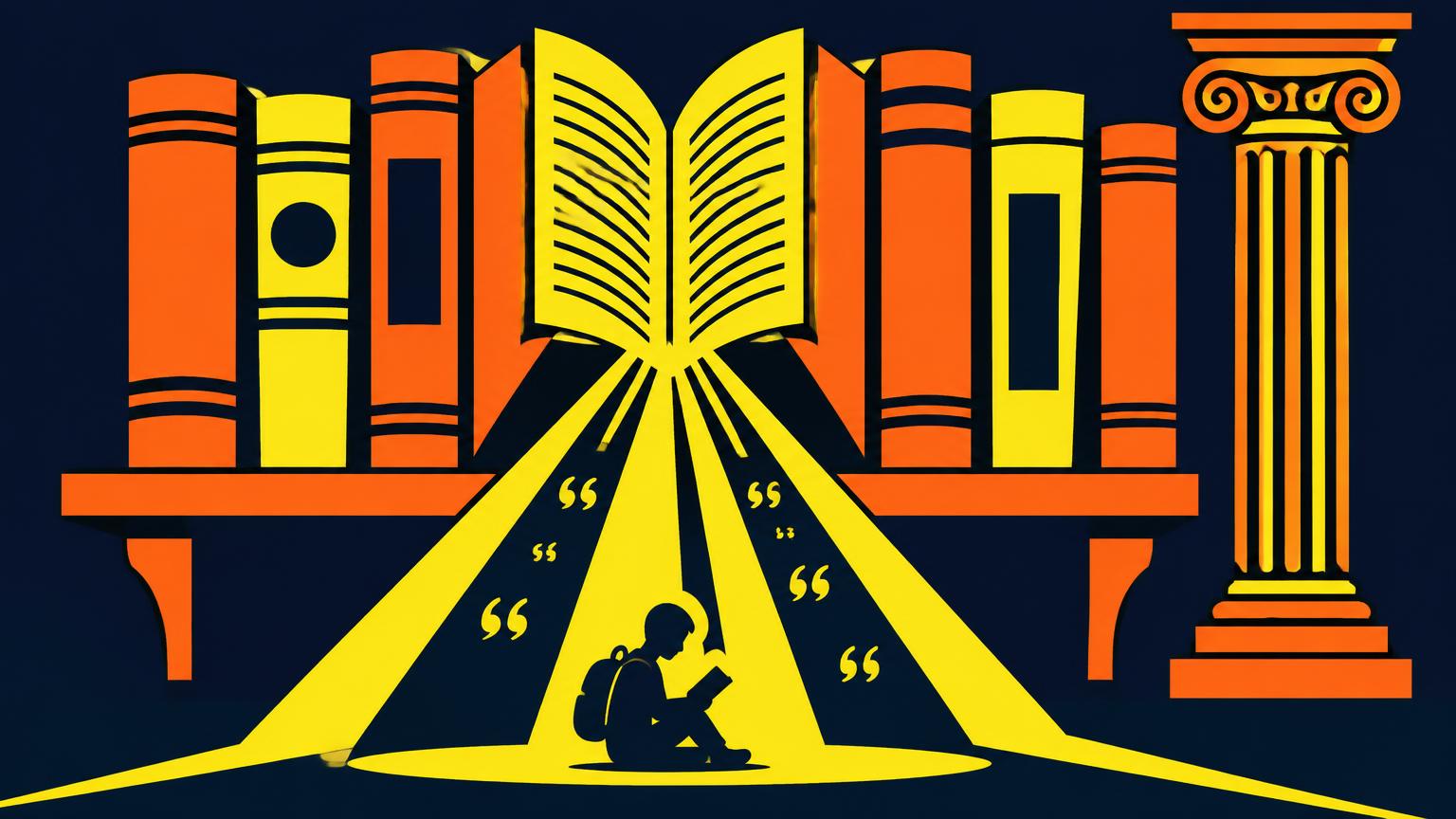 Une bibliothèque de volumes épais dont le livre ouvert central projette des rayons jaunes sur une silhouette assise qui lit.