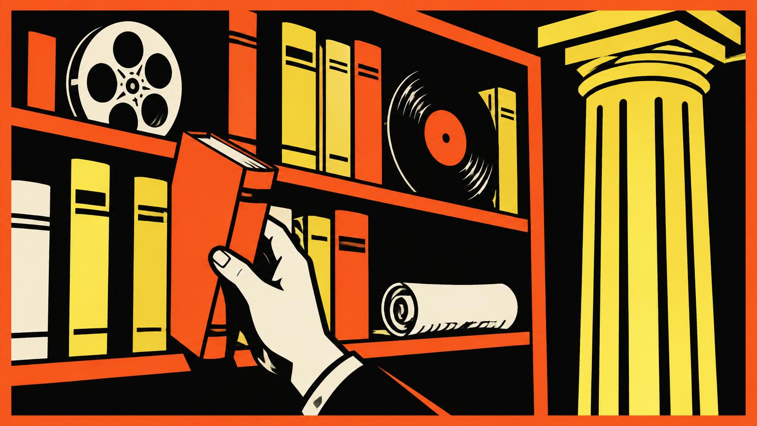 Illustration : une main tire un livre orange d’une étagère monumentale où voisinent une bobine de film, un disque, un rouleau et une colonne jaune.