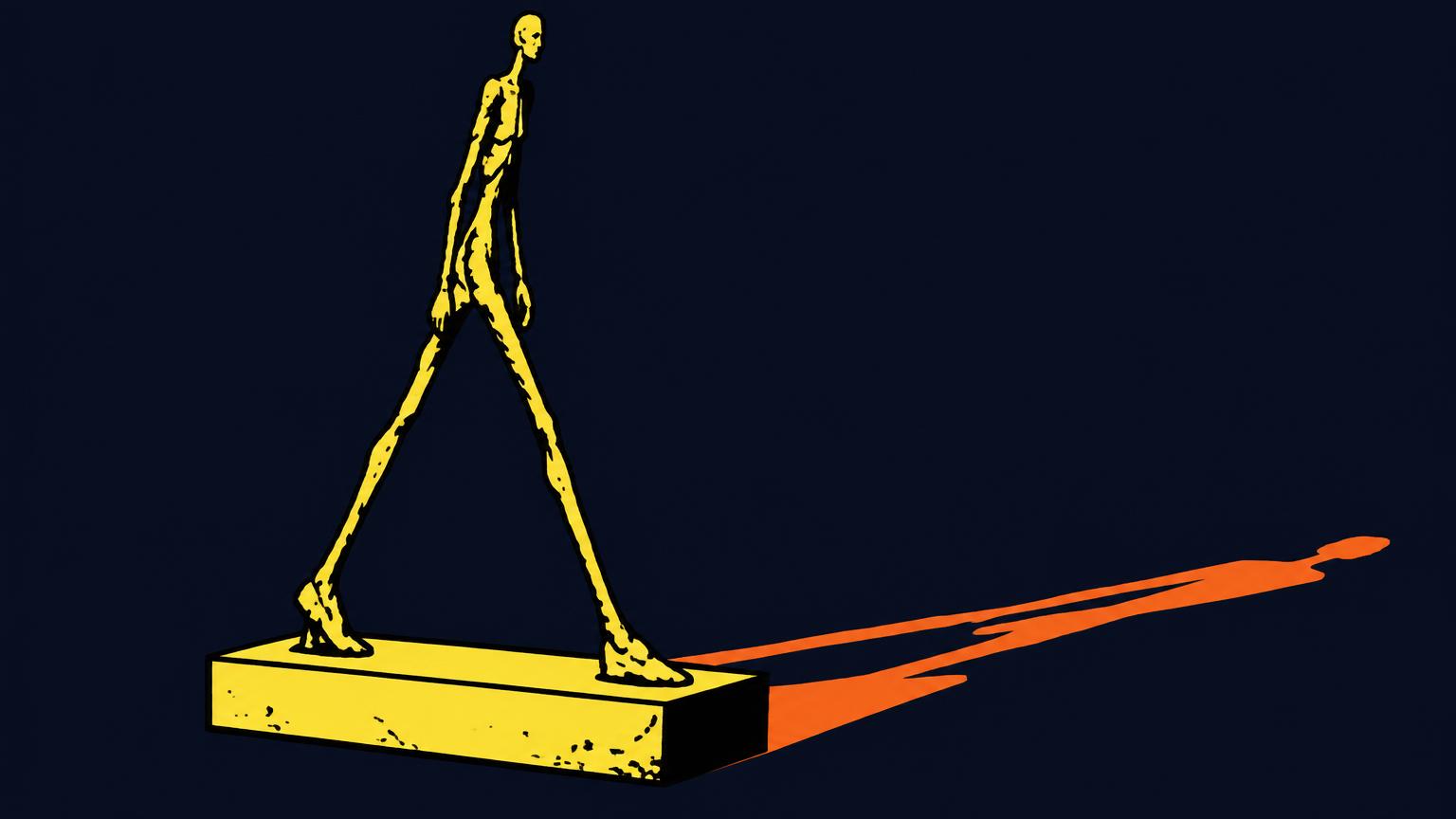Illustration : silhouette filiforme en pleine enjambée sur un socle, longue ombre projetée.