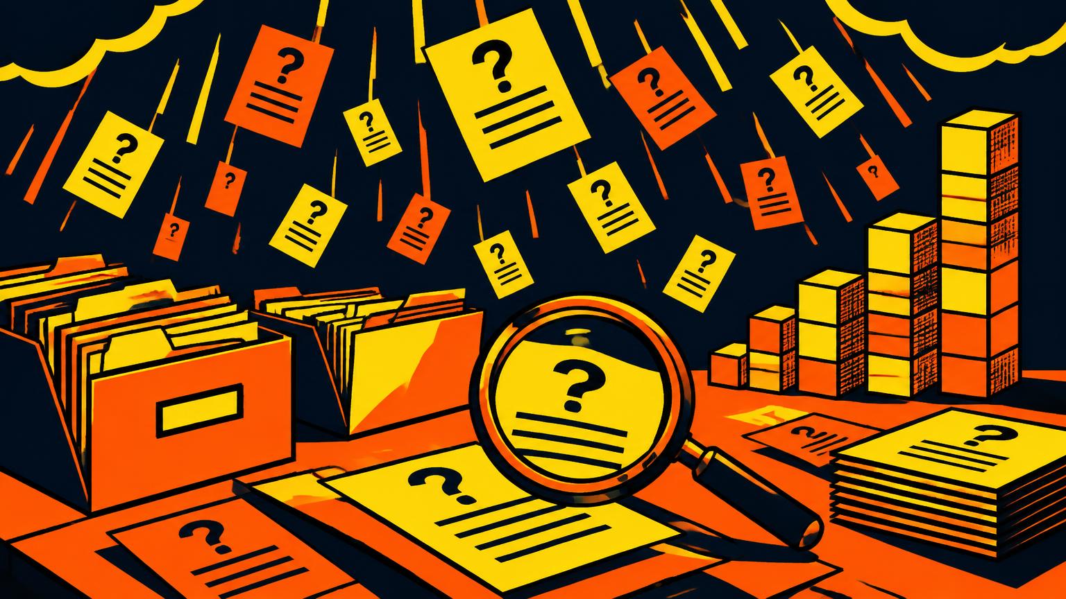 Des sujets d'examen pluie de papiers cochant des points d'interrogation sur un bureau d'archives, une loupe posée dessus.