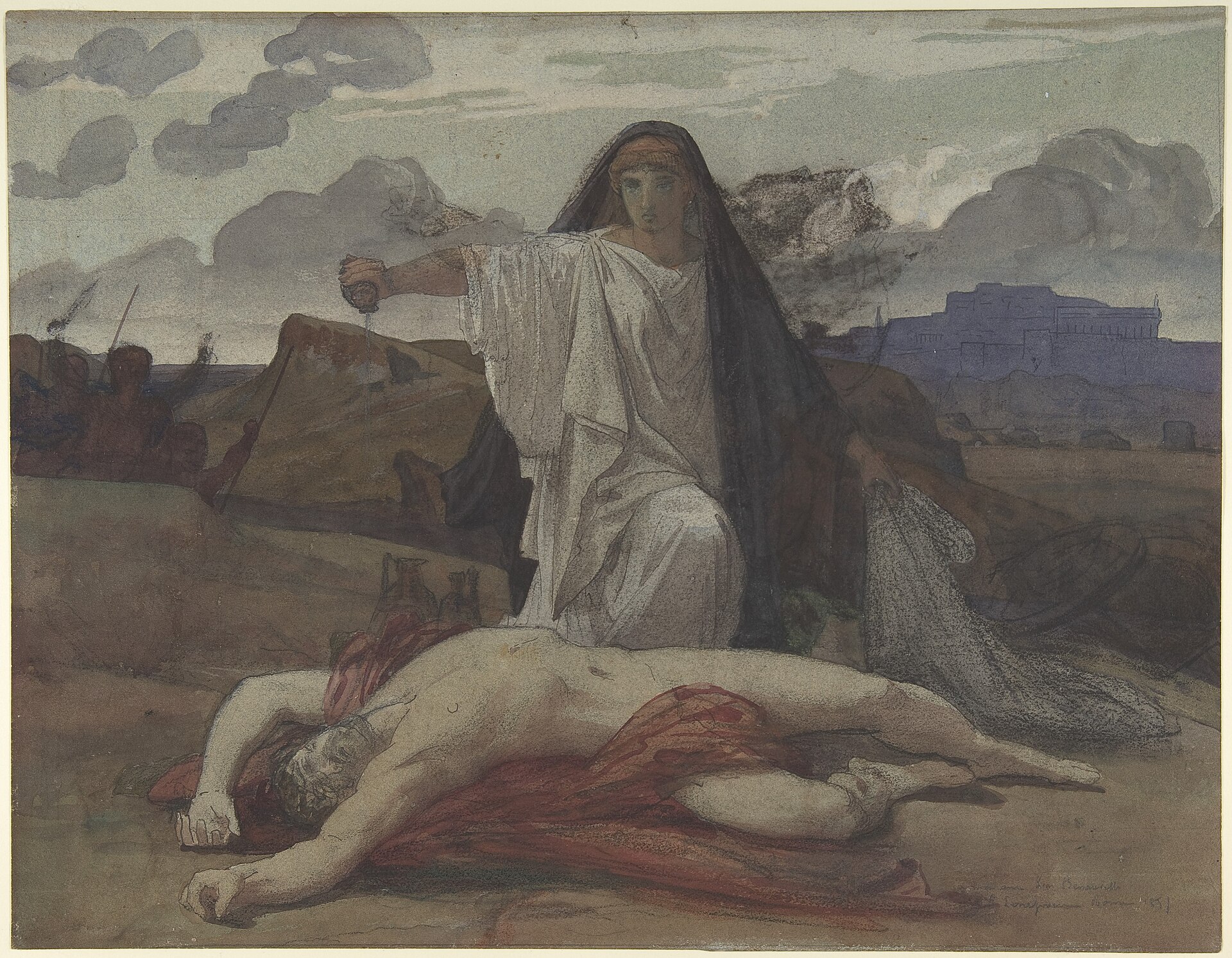 Peinture représentant Antigone auprès du corps de son frère.