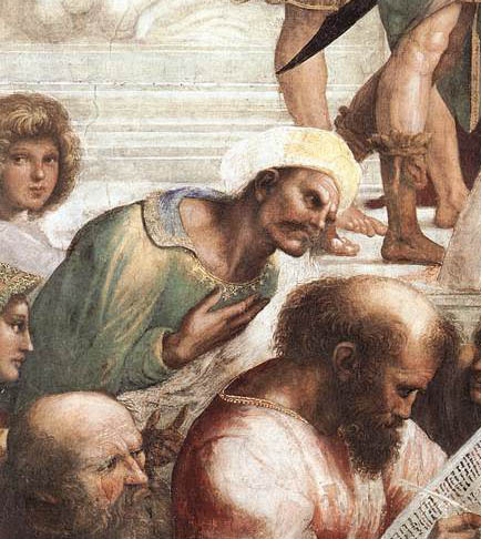 Détail d'une fresque représentant Averroès, turban et robe.