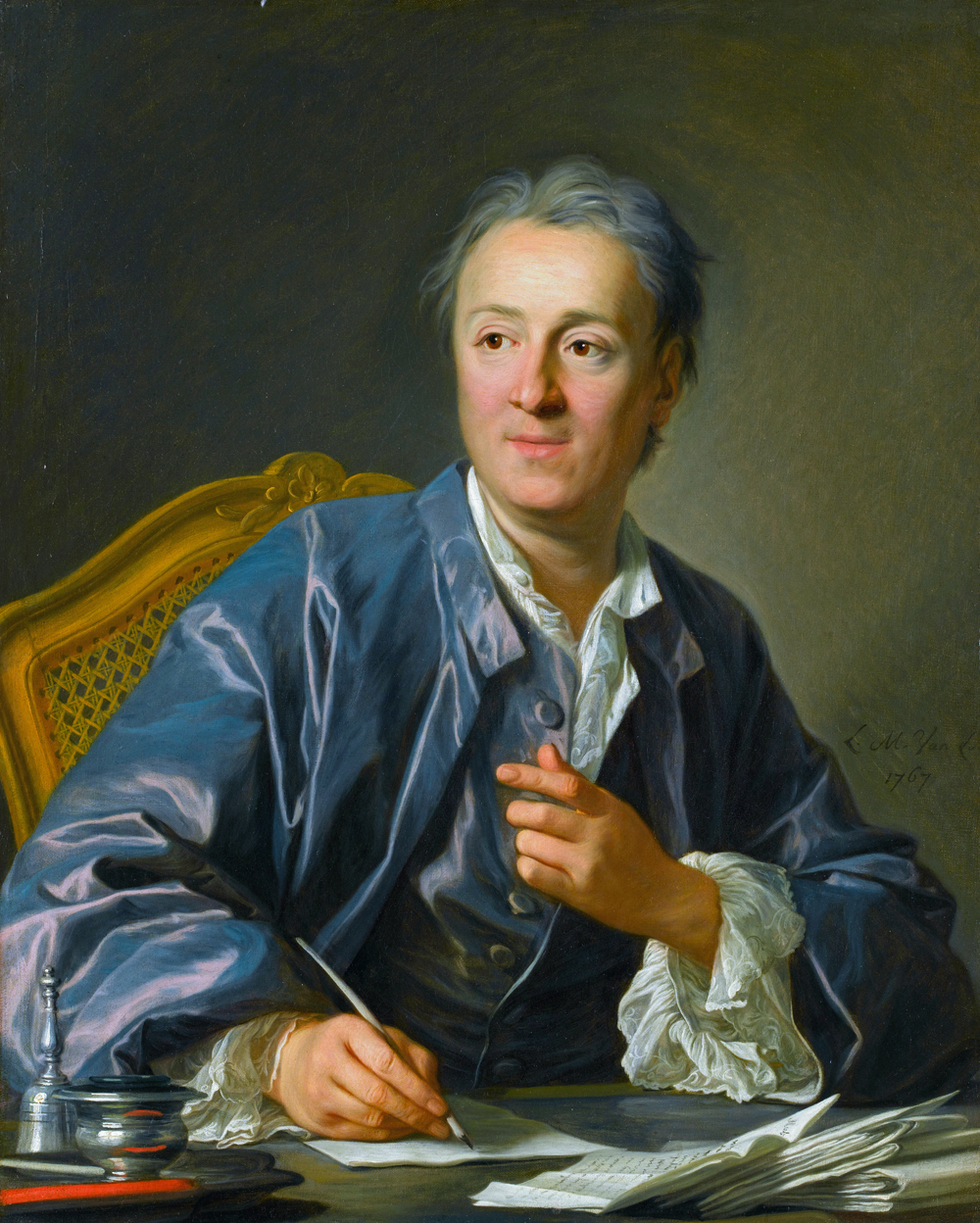 Portrait de Denis Diderot en robe de chambre, assis à sa table de travail.