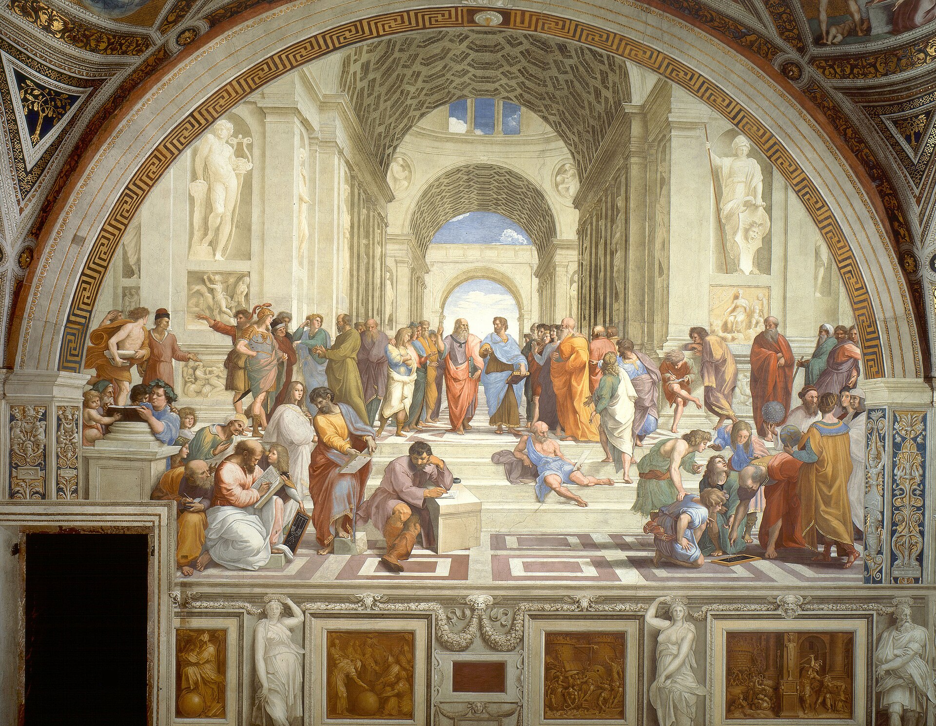 Fresque de Raphaël : les philosophes de l'Antiquité rassemblés sous une grande voûte.