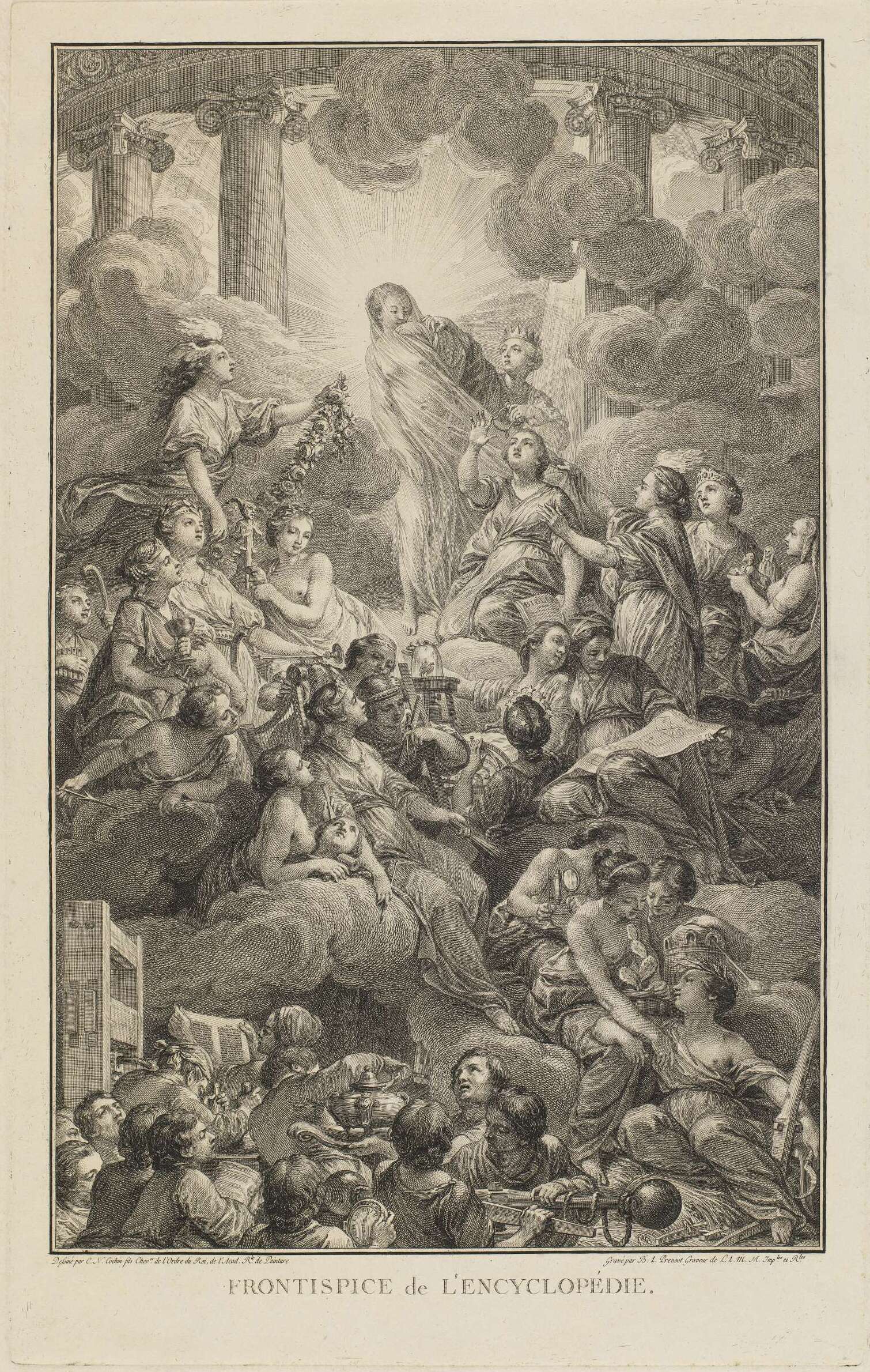Frontispice gravé de l'Encyclopédie de Diderot et d'Alembert, allégorie de la Raison entourée des arts et des sciences.