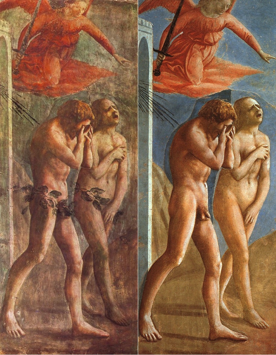 Fresque de l'expulsion du jardin d'Éden : deux corps nus qui s'éloignent, la main sur le visage.