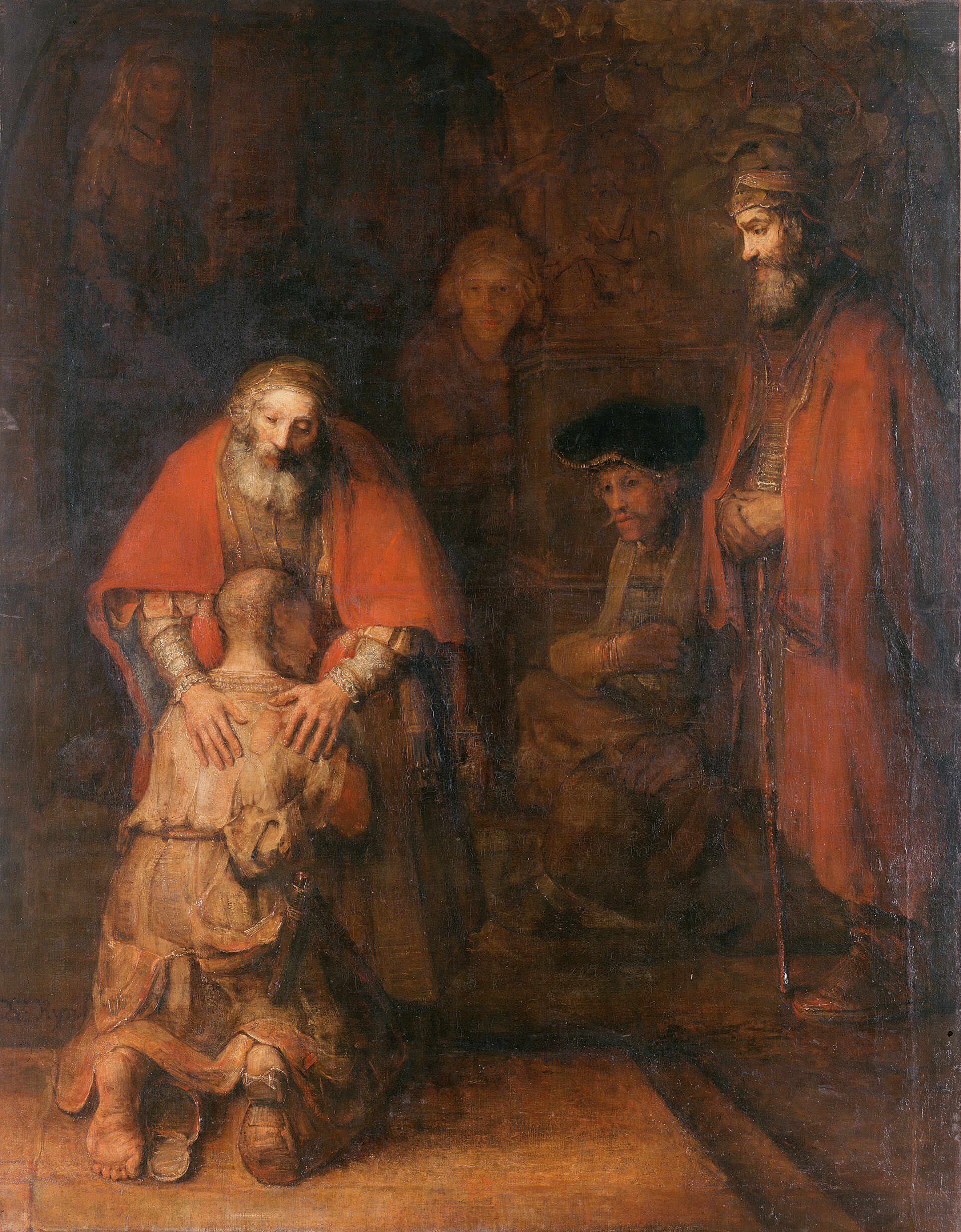 Le Retour du fils prodigue de Rembrandt : un père penché sur un fils agenouillé.