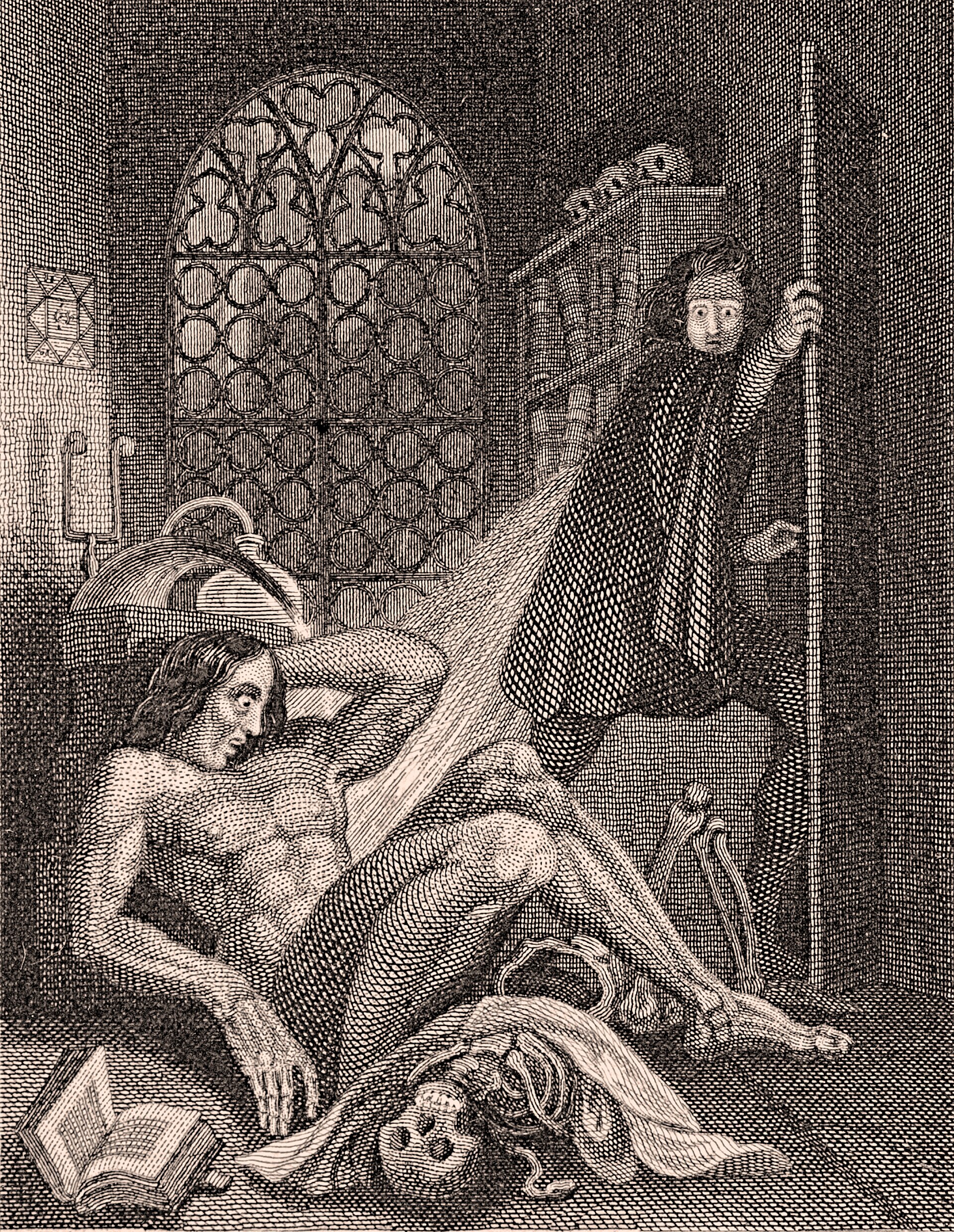 Gravure du frontispice de Frankenstein, 1831 : la créature s'éveille devant son créateur qui s'enfuit.