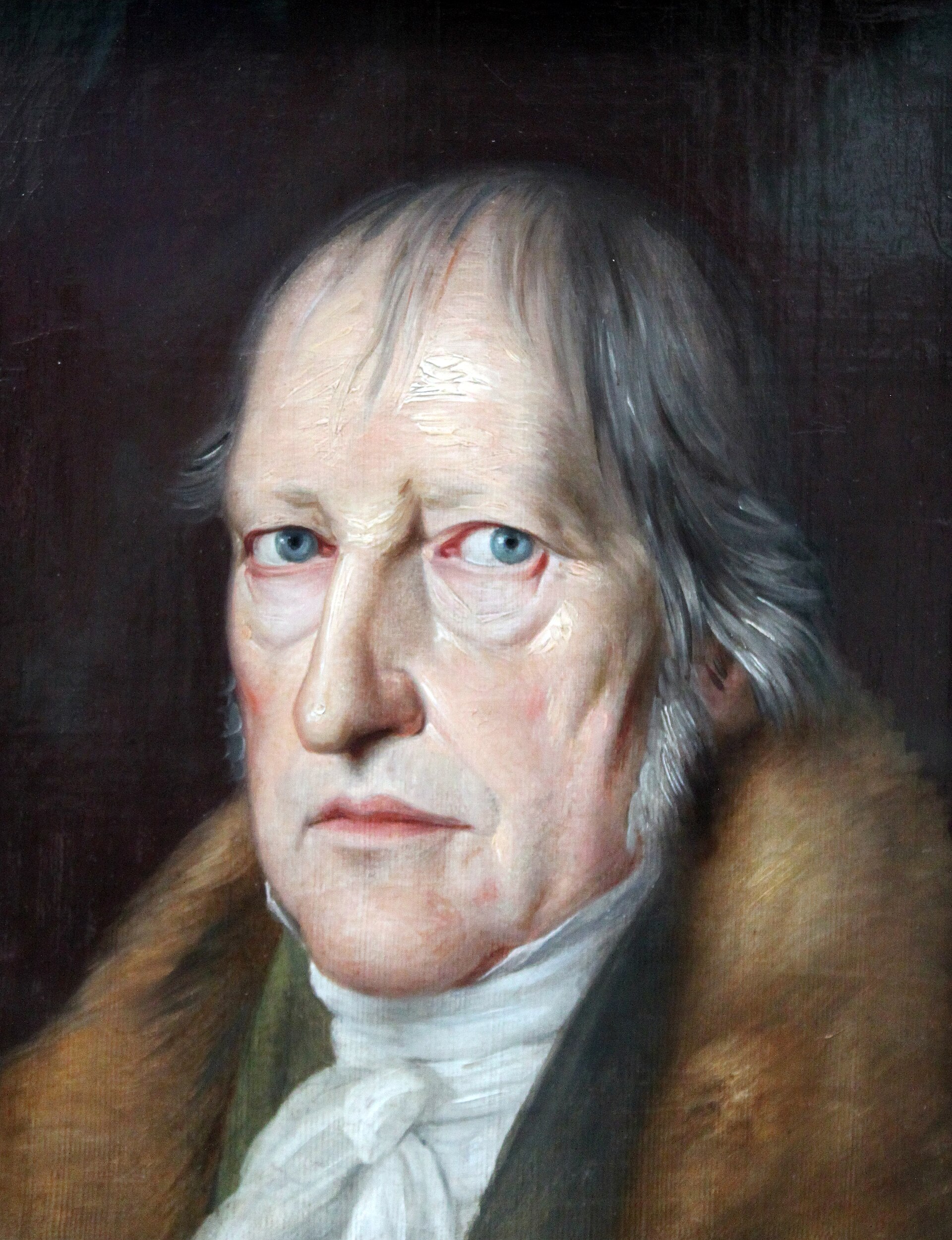 Portrait peint de Hegel, veste sombre, dossiers sur la table.