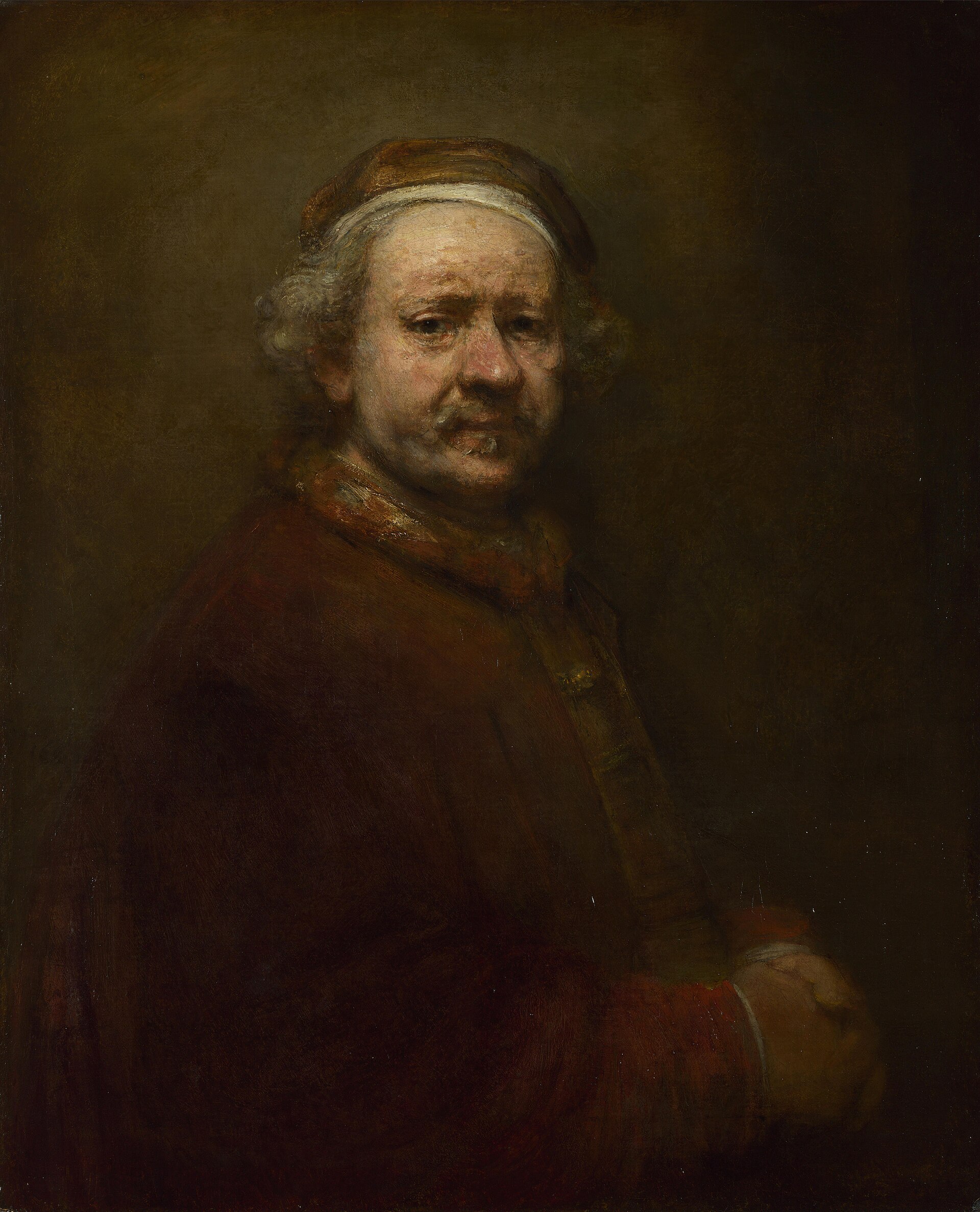 Autoportrait de Rembrandt âgé : un visage éclairé, sans décor.