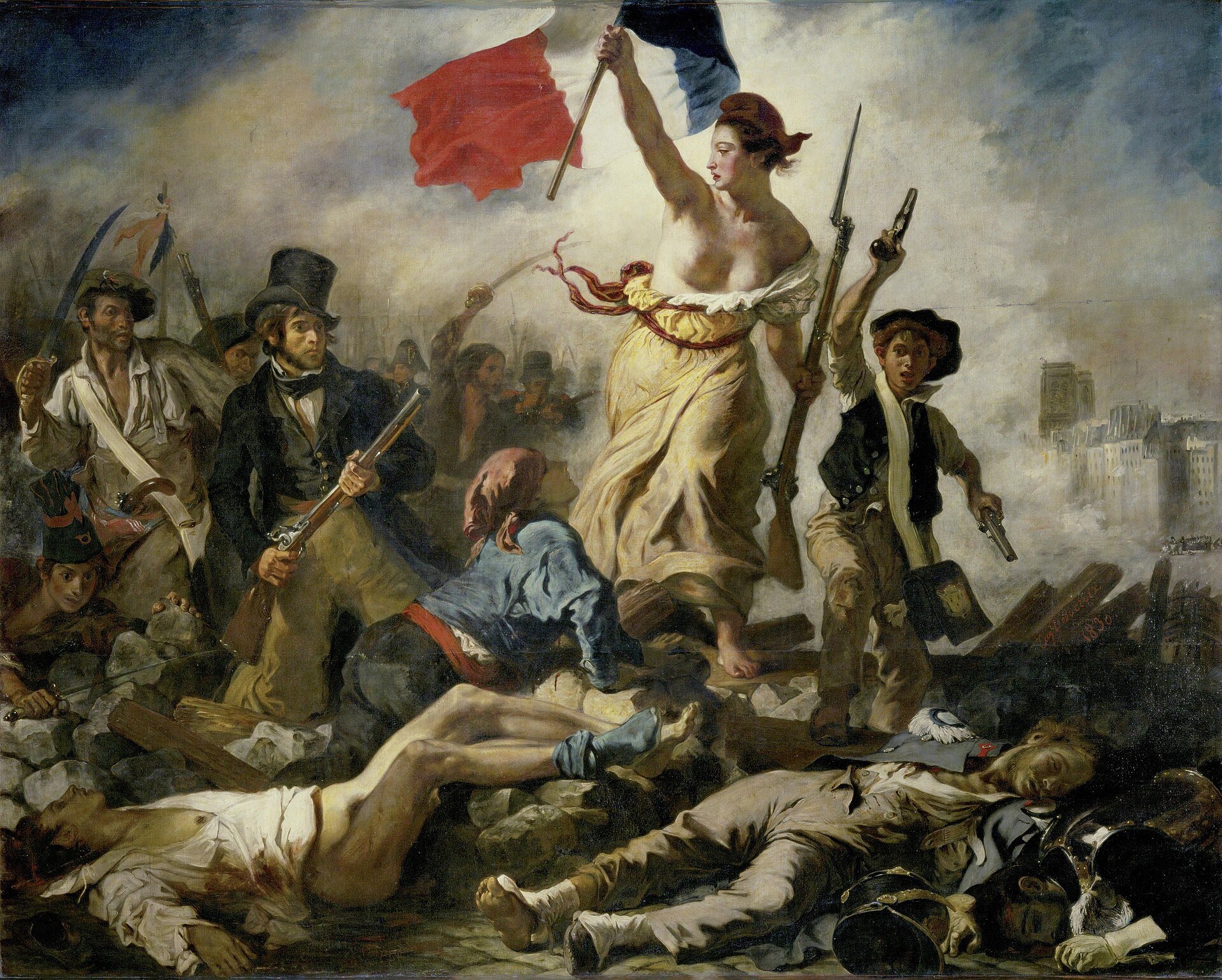 Peinture de Delacroix : une femme portant le drapeau tricolore au-dessus des barricades.