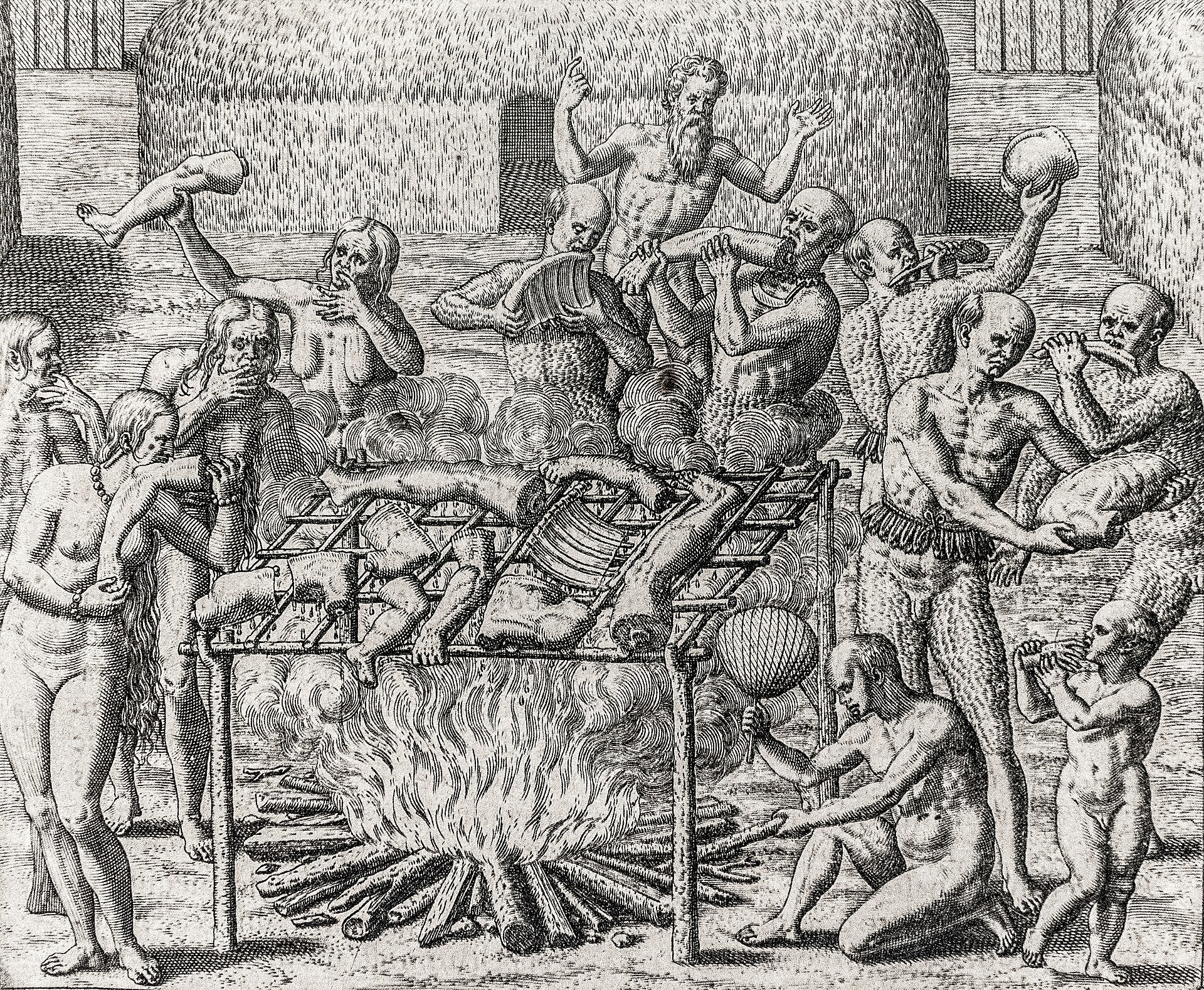 Gravure du XVIe siècle représentant des Indiens du Brésil autour d'un feu.