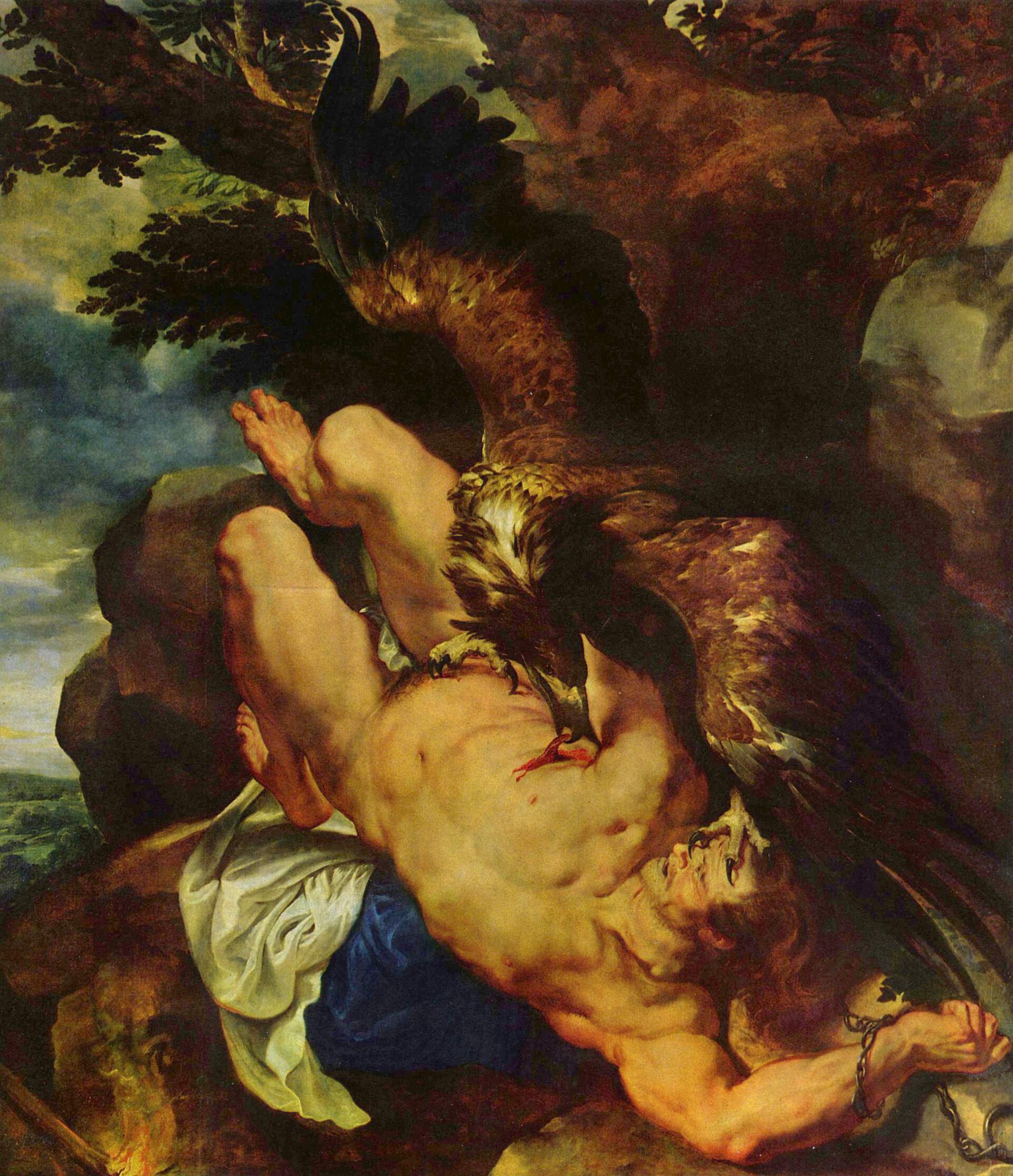 Prométhée enchaîné de Rubens : un corps renversé, un aigle qui le déchire.
