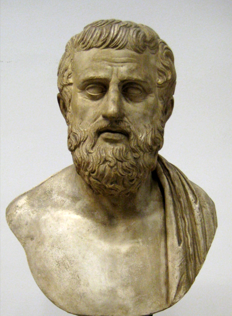 Buste antique de Sophocle, barbe bouclée, marbre blanc.