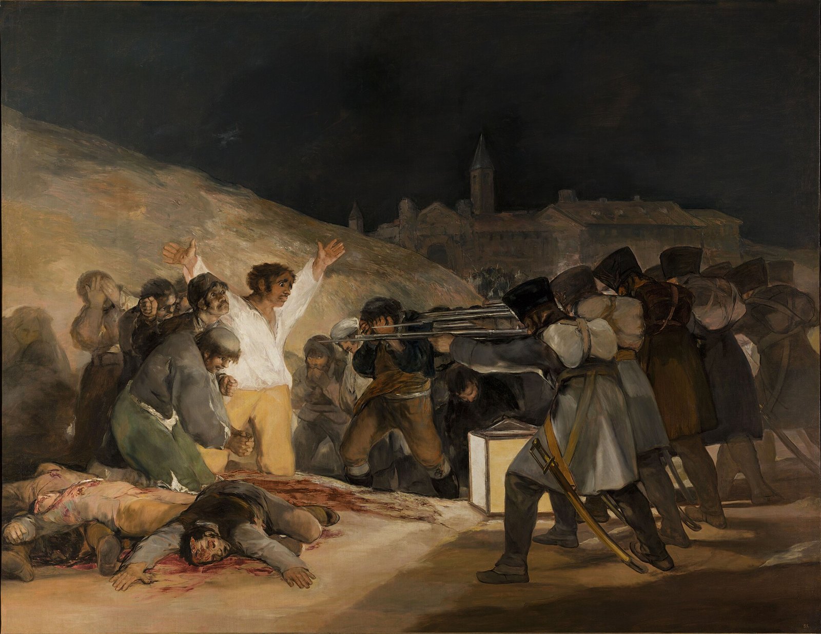 Tableau de Goya : un homme en chemise blanche, bras levés, face à un peloton d’exécution.
